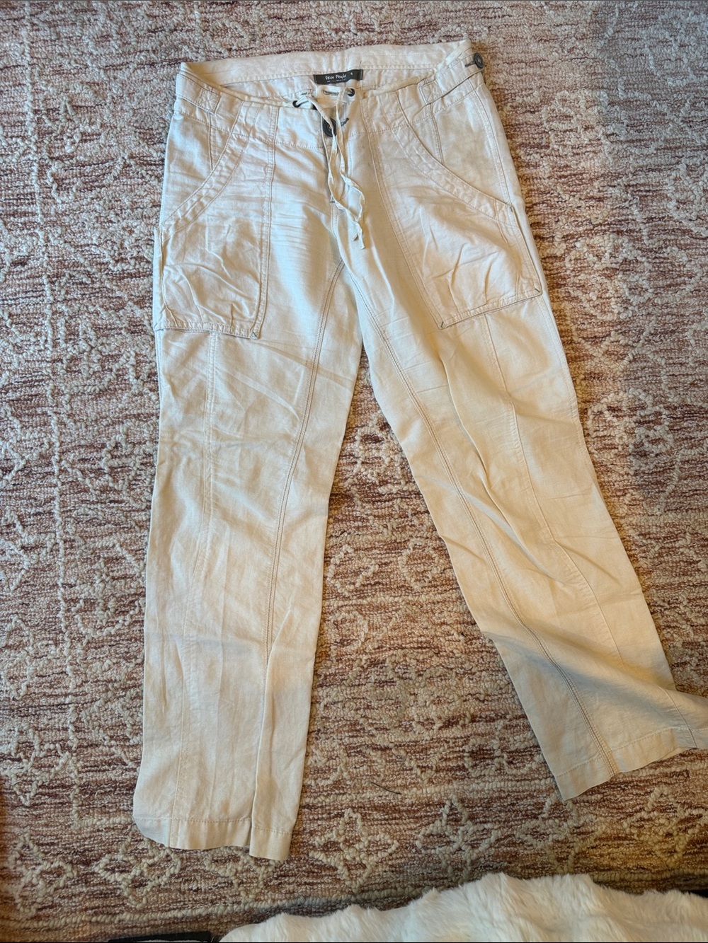 Free People Cream Linen/cotton Cargo Trouser Pants size 4